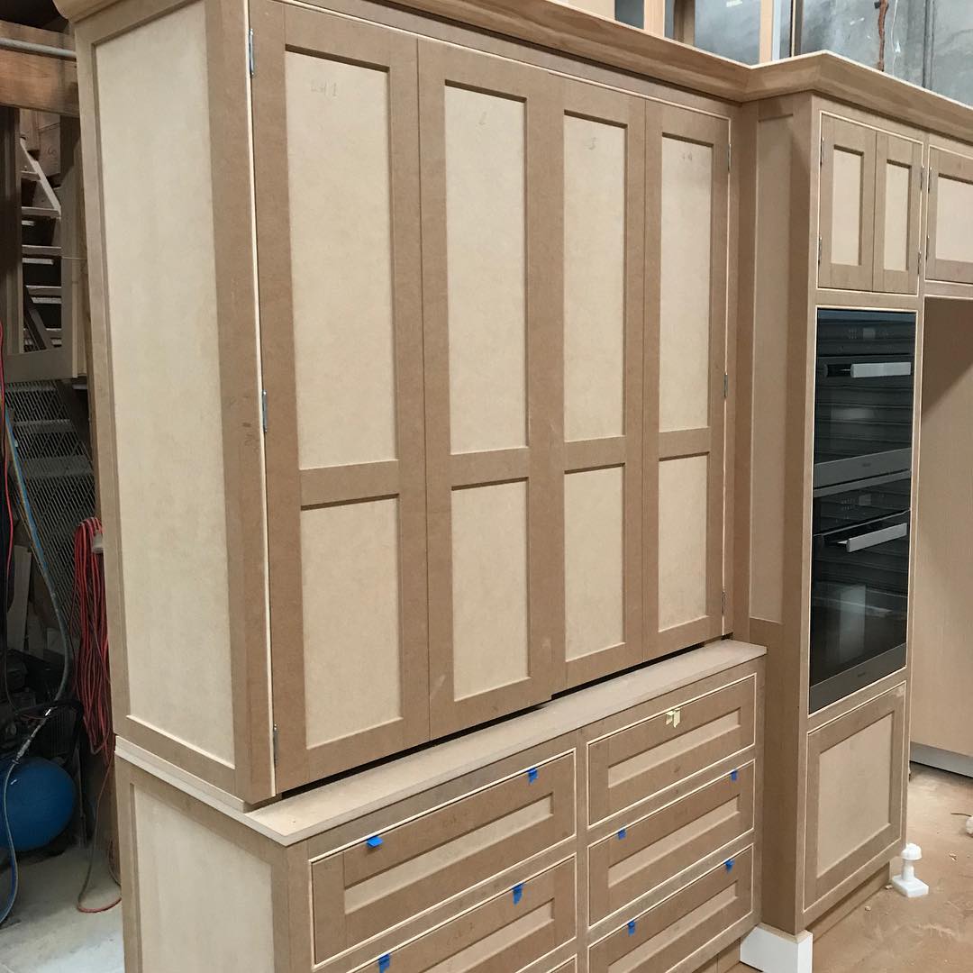 Face frame cabinetry in production. Assembled in the factory before surface treatment ready for final inspection by our client.