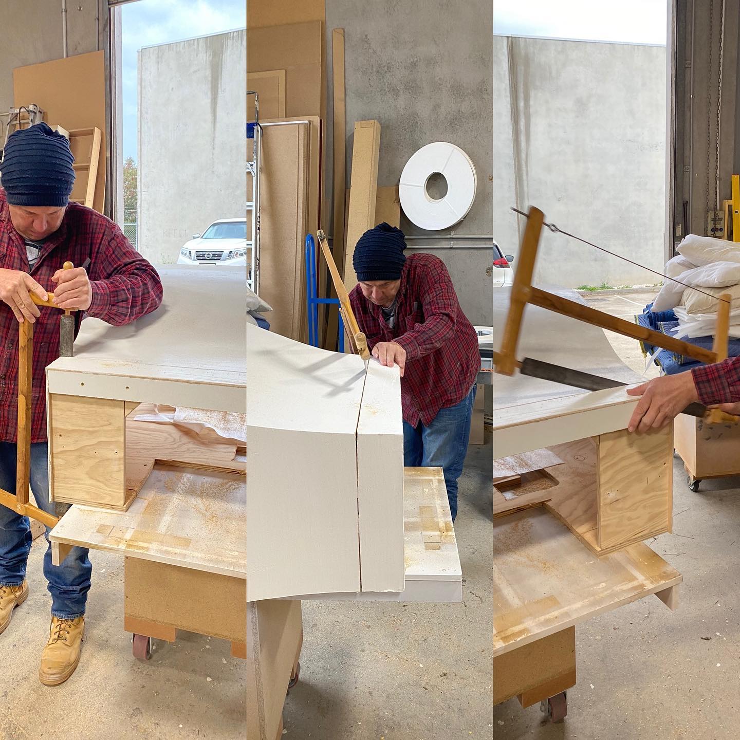 In a time when there so much technology, sometimes you just have to go with traditional tools and methods. Here’s Guido using a traditional hand saw to alter this custom canopy